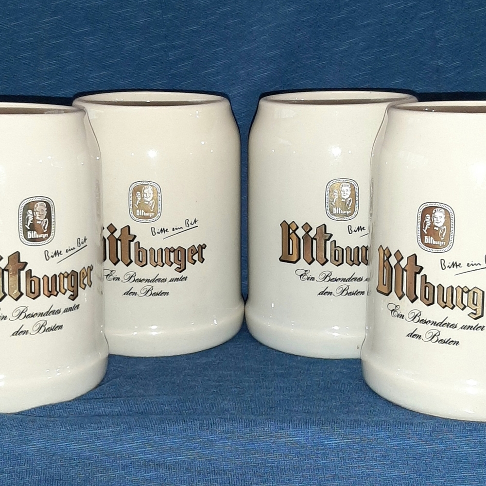 4 Bitburger Beer Mugs, Off White Ceramic W/Gold & Black Lettering, .5 Liter